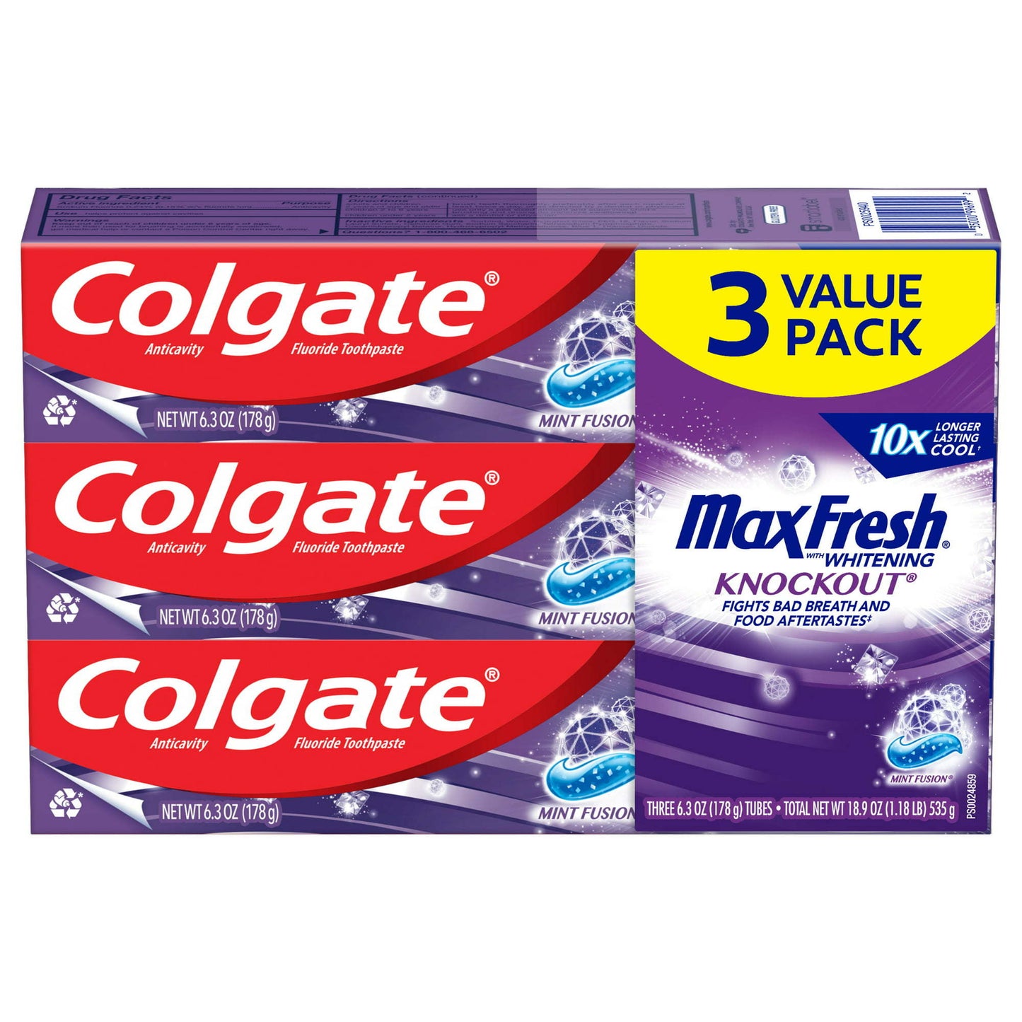 高露潔 Max Fresh Knockout 美白牙膏;薄荷融合; 3 包; 6.3 盎司管