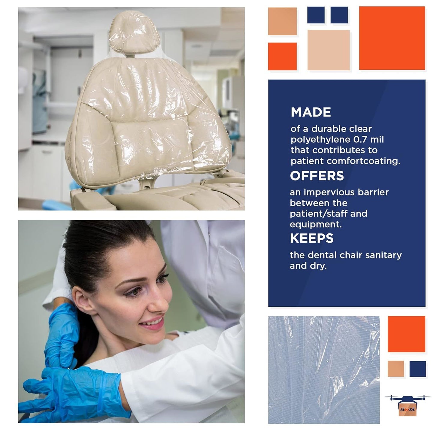 一次性牙醫半椅套; 24 英吋 x 27.5 英吋。 250 個裝防水塑膠紋身和牙科 1/2 椅子保護墊。專業聚乙烯 070 萬靠背覆蓋物;頭枕;袖子。