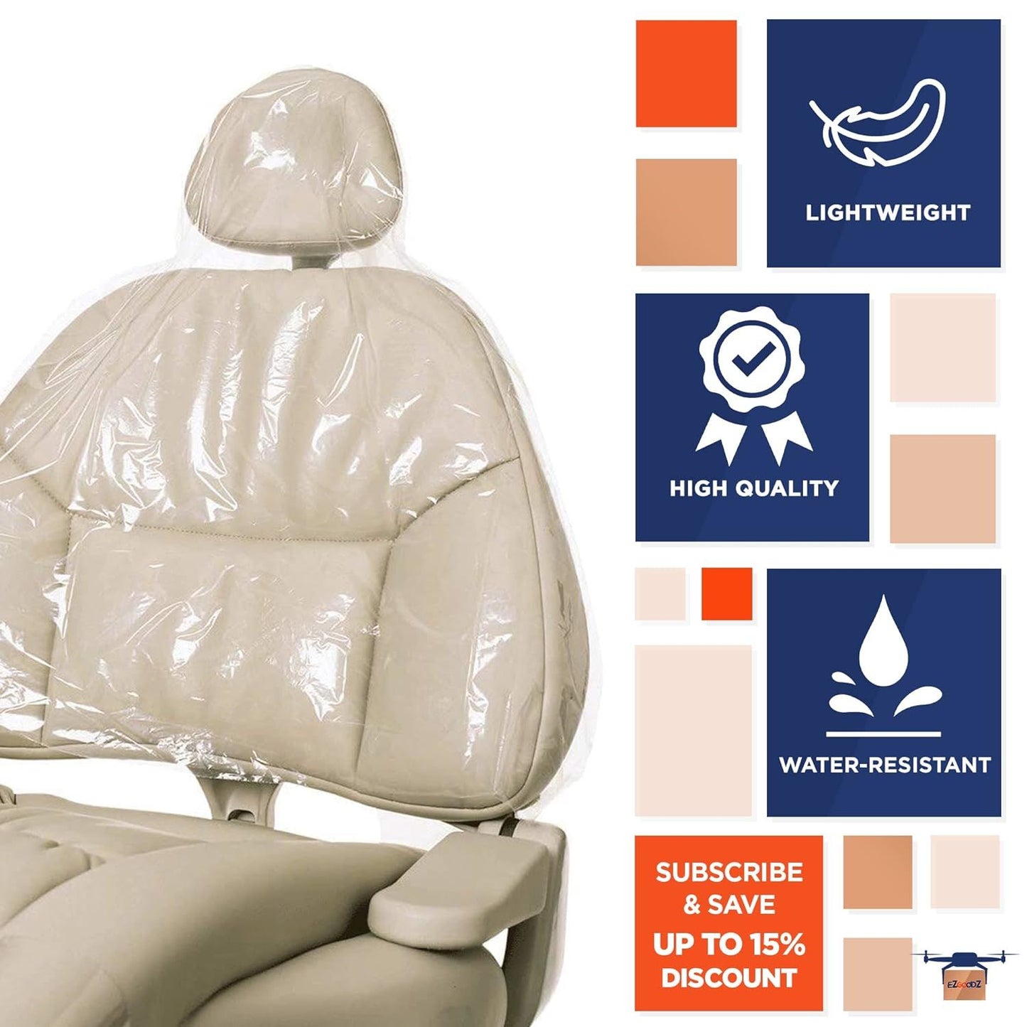 一次性牙醫半椅套; 24 英吋 x 27.5 英吋。 250 個裝防水塑膠紋身和牙科 1/2 椅子保護墊。專業聚乙烯 070 萬靠背覆蓋物;頭枕;袖子。