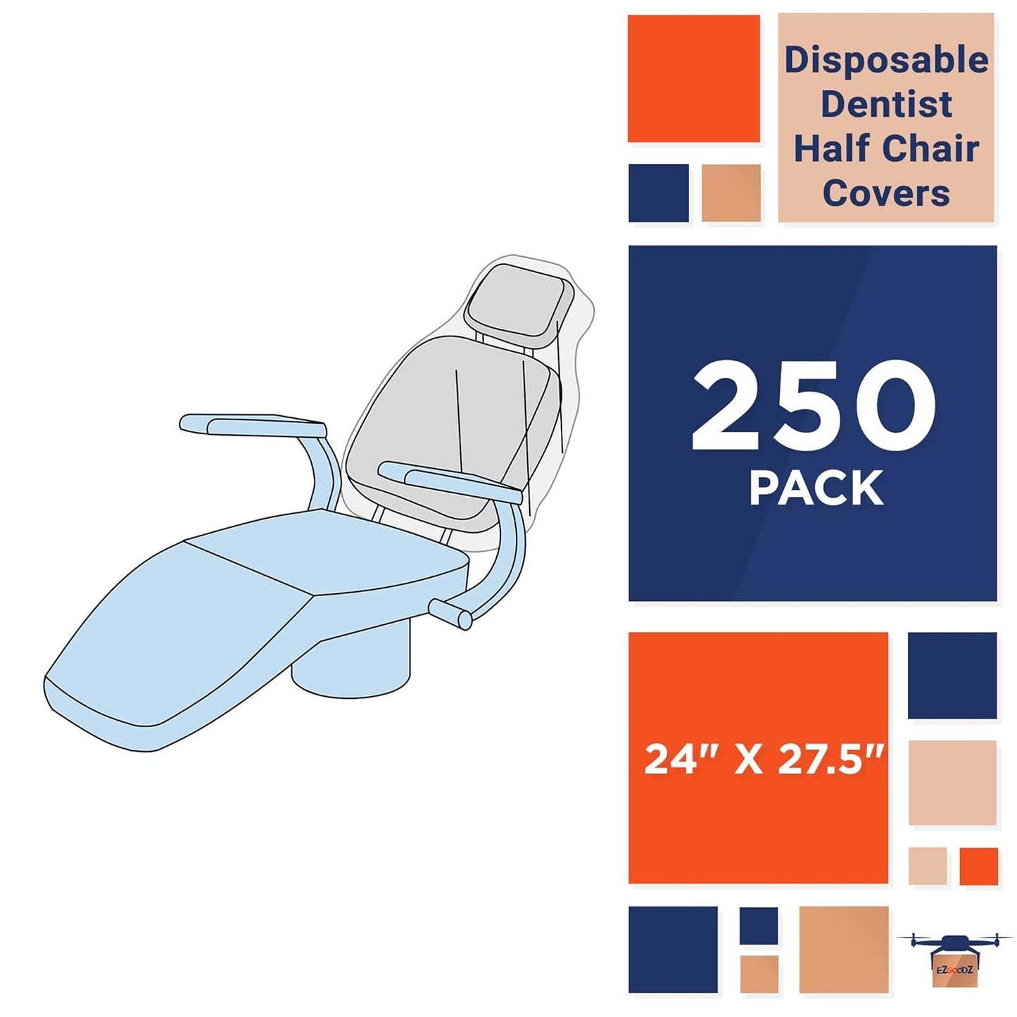 一次性牙醫半椅套; 24 英吋 x 27.5 英吋。 250 個裝防水塑膠紋身和牙科 1/2 椅子保護墊。專業聚乙烯 070 萬靠背覆蓋物;頭枕;袖子。